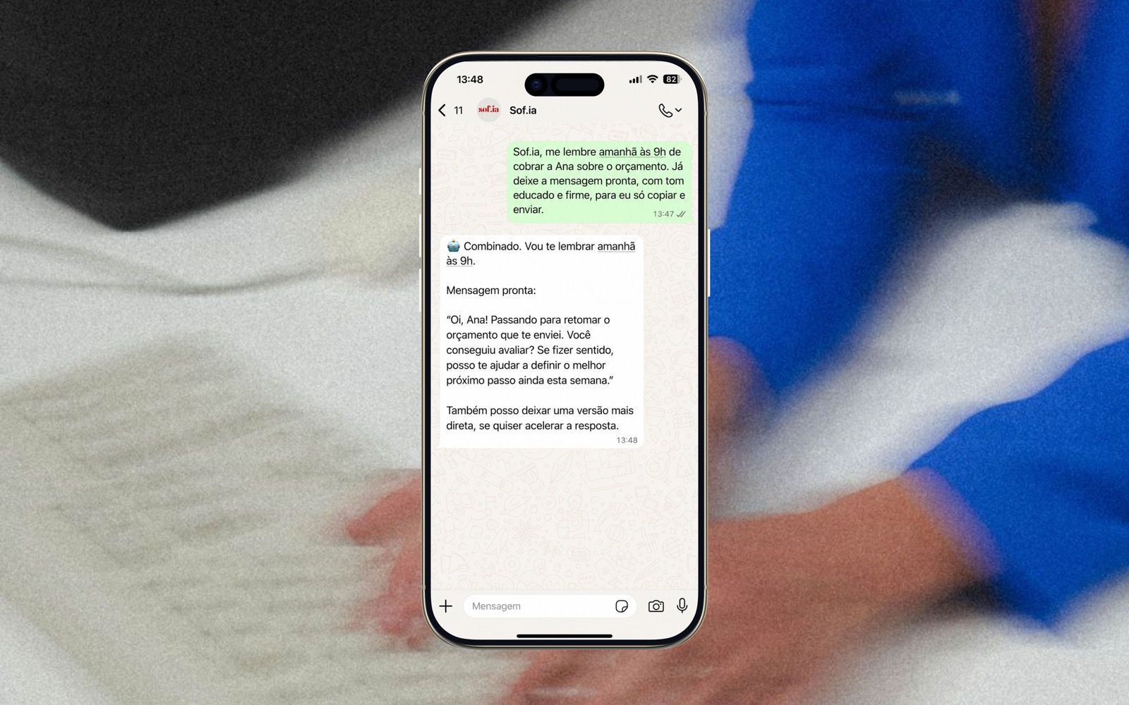 Simulação da Sof.ia criando lembrete e sugestão de mensagem para follow-up no WhatsApp
