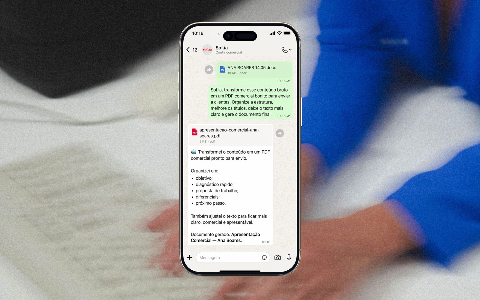 Simulação da Sof.ia transformando um documento bruto em PDF comercial pronto para envio