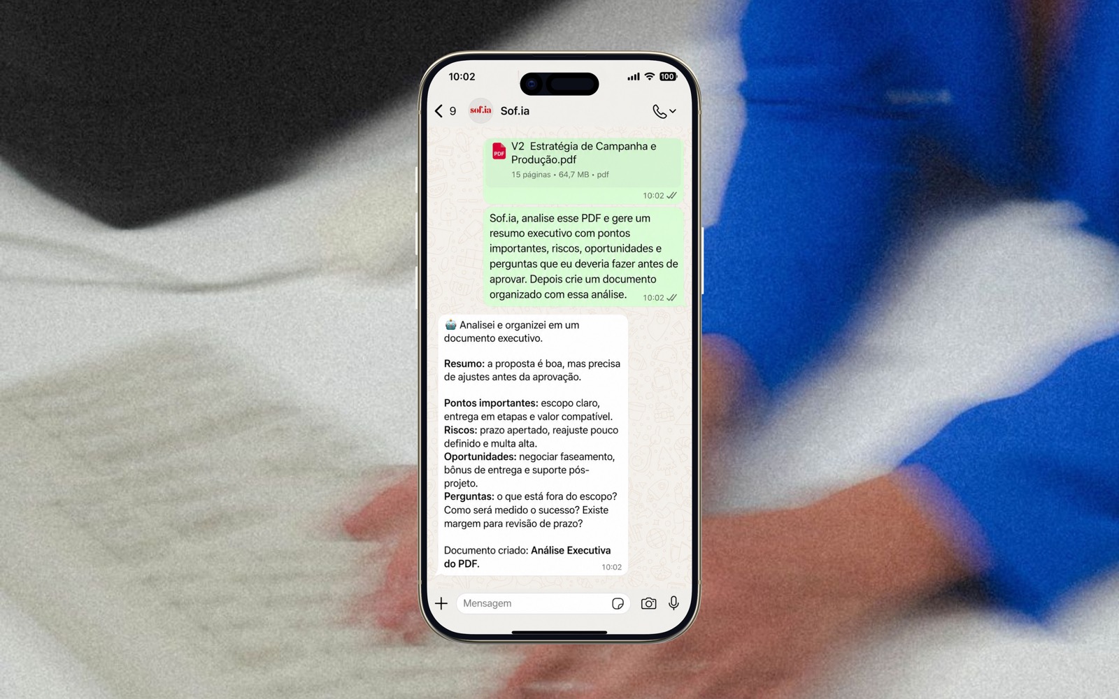 Simulação da Sof.ia analisando um PDF e entregando resumo executivo, riscos, oportunidades e perguntas importantes