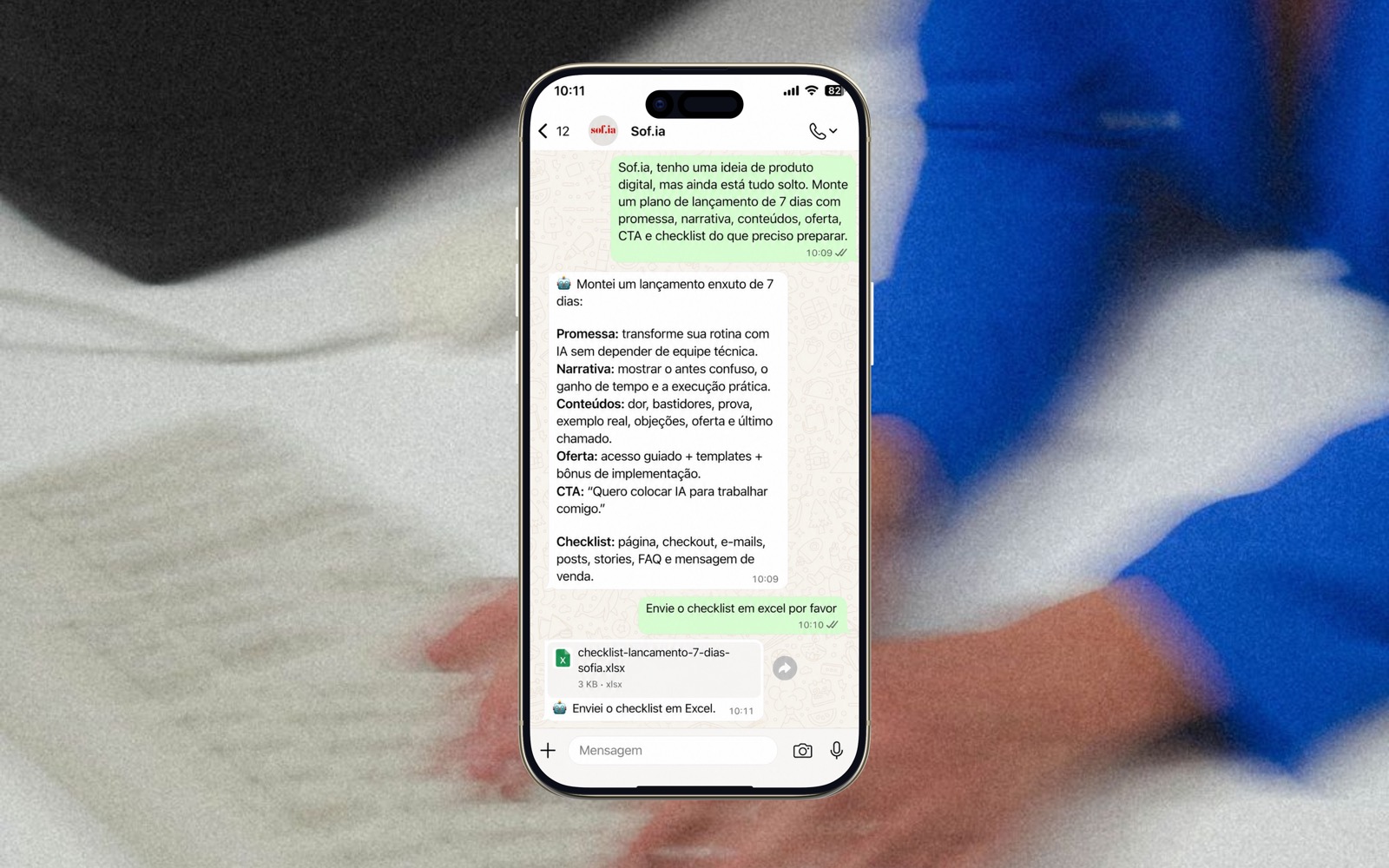 Simulação da Sof.ia estruturando um lançamento com promessa, narrativa, conteúdos, oferta, CTA e checklist